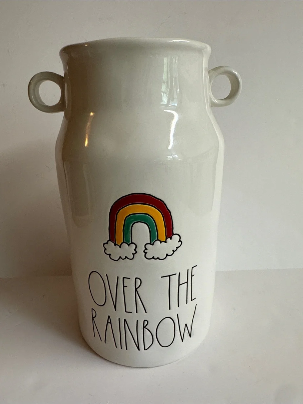 Rae Dunn Cream Double Handle Milk Jug / Vase with Colorful Rainbow